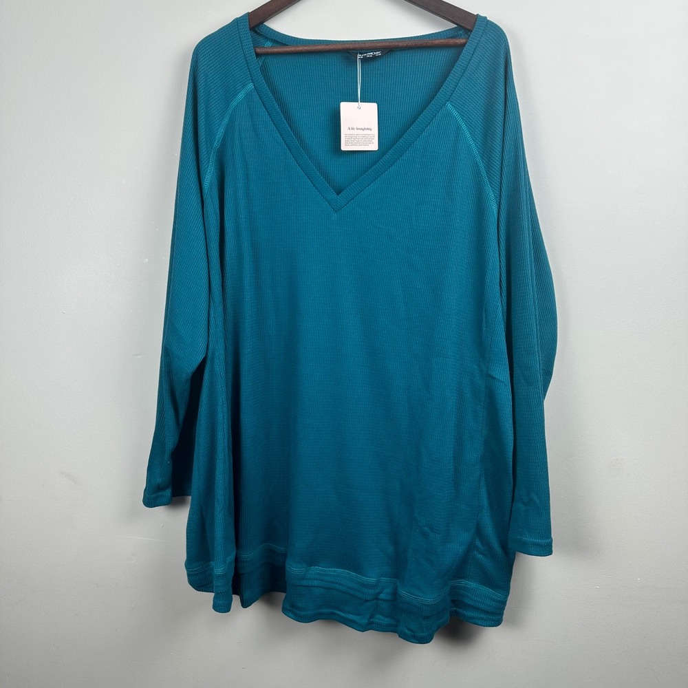 Bloomchic Women's US 28 Teal Waffle Knit V Neck Oversized Tunic Top NWT